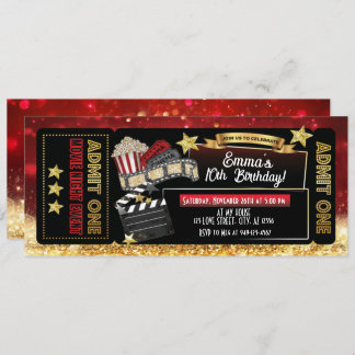Red & Gold Movie Ticket Birthday Party  Invitation