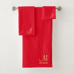Red & Gold Name Handwritten Monogram Template Bath Towel Set