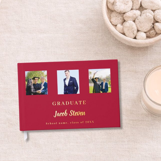 Red gold name script photo Graduation Guest Book (Creator Uploaded)