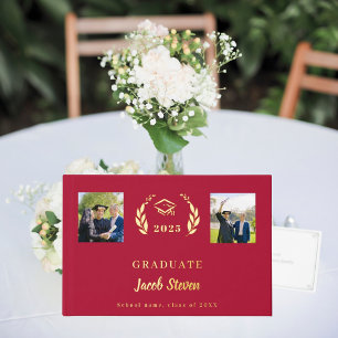Red gold name script photo Graduation Guest Book