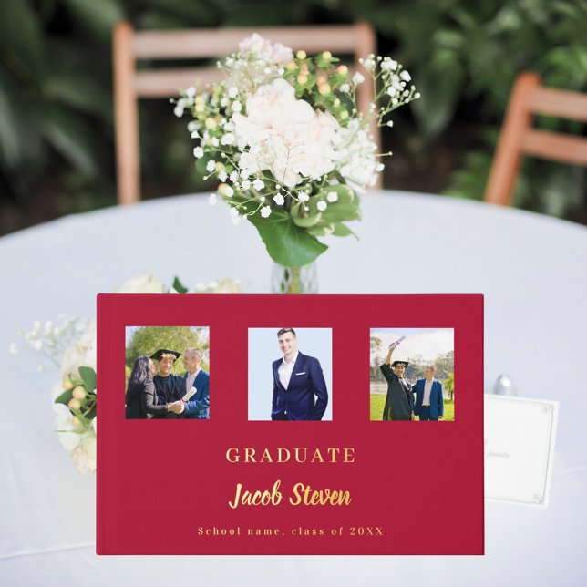 Red gold name script photo Graduation Guest Book (Creator Uploaded)