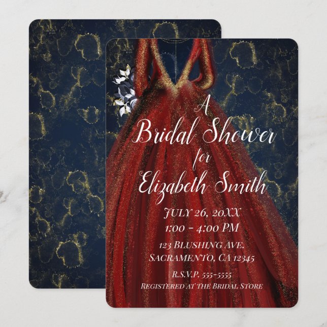 Red Gold & Navy Blue Glam Dress Bridal Shower Invitation (Front/Back)