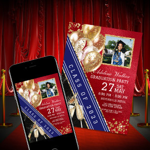 Red Gold Navy Blue Graduation Party Invitation