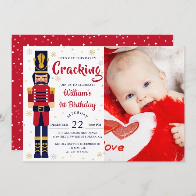 Red Gold Nutcracker Christmas Birthday Photo Invitation (Front/Back)