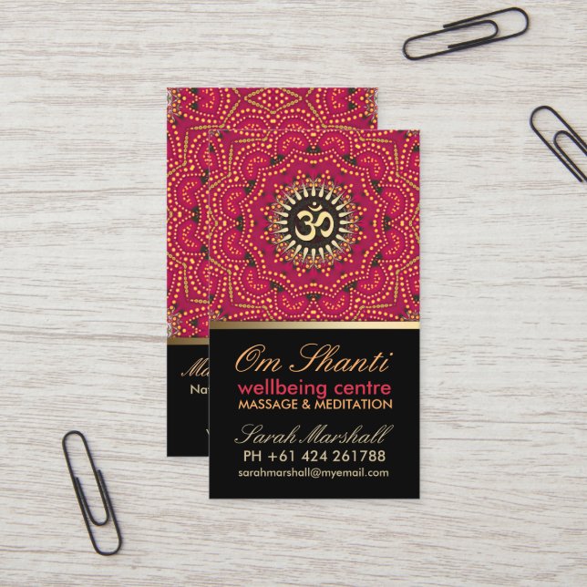 Red+Gold Om Shanti Yoga Wellbeing Business Card (Front/Back In Situ)