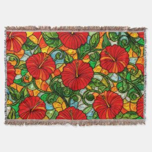 Red Gold Orange Hibiscus Faux Stained Glass Throw Blanket