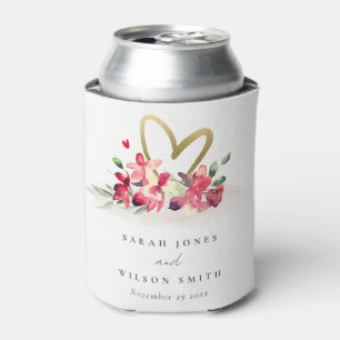 Red Gold Orchid Heart Floral Watercolor Wedding Can Cooler