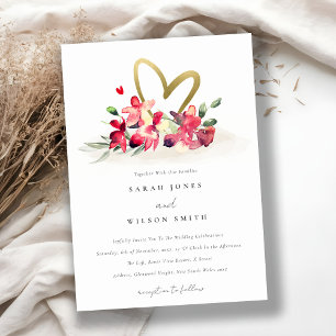 Red Gold Orchid Heart Floral Watercolor Wedding  Invitation