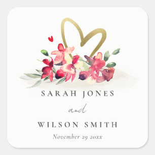 Red Gold Orchid Heart Floral Watercolor Wedding Square Sticker