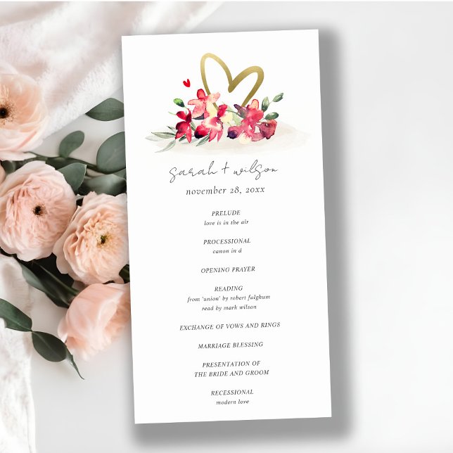 Red Gold Orchid Heart Floral Wedding Program (Creator Uploaded)