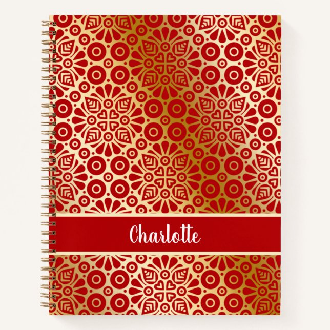 Red gold oriental pattern script monogram notebook (Front)