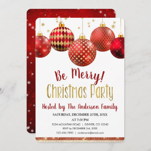 Red & Gold Ornament Christmas Holiday Dinner Party Invitation