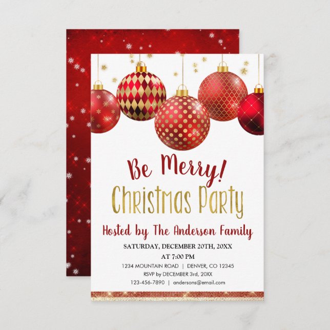 Red & Gold Ornament Christmas Holiday Dinner Party Invitation (Front/Back)