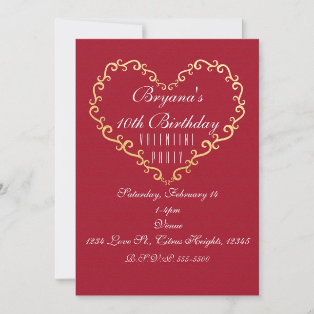 Red & Gold Ornamental Heart Valentine Invitations (Front)
