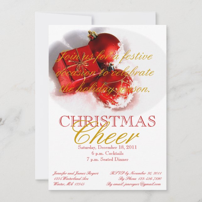 Red Gold Ornaments Christmas Party Invitations (Front)