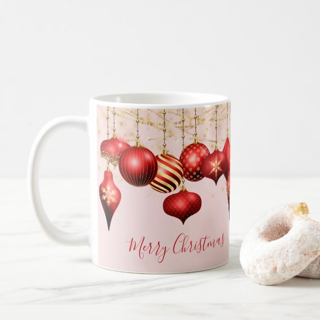 Red Gold Ornaments Merry Christmas Coffee Mug (With Donut)