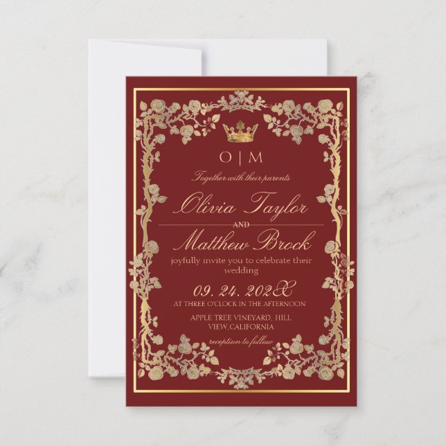 Red & Gold Ornate Elegant Wedding  Invitation (Front)