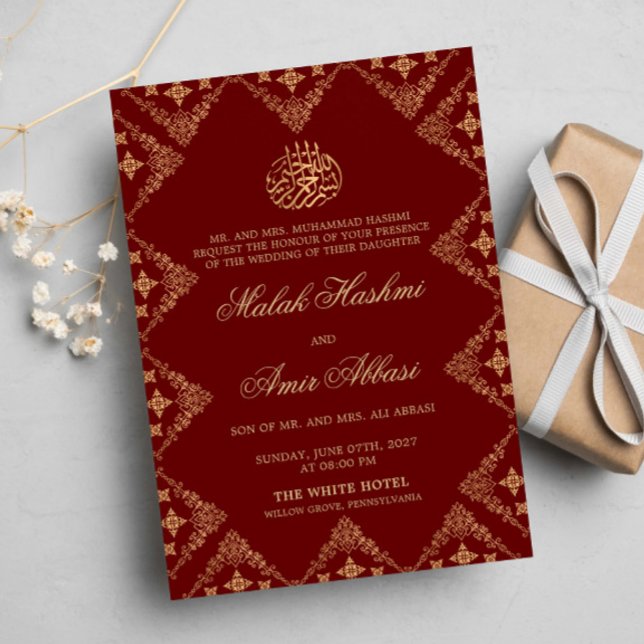 Red & Gold Ornate Motif Islamic Muslim Wedding Invitation (Creator Uploaded)
