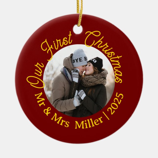 Red & Gold Our First Christmas 2025 Photo Keepsake Ceramic Ornament (Front)