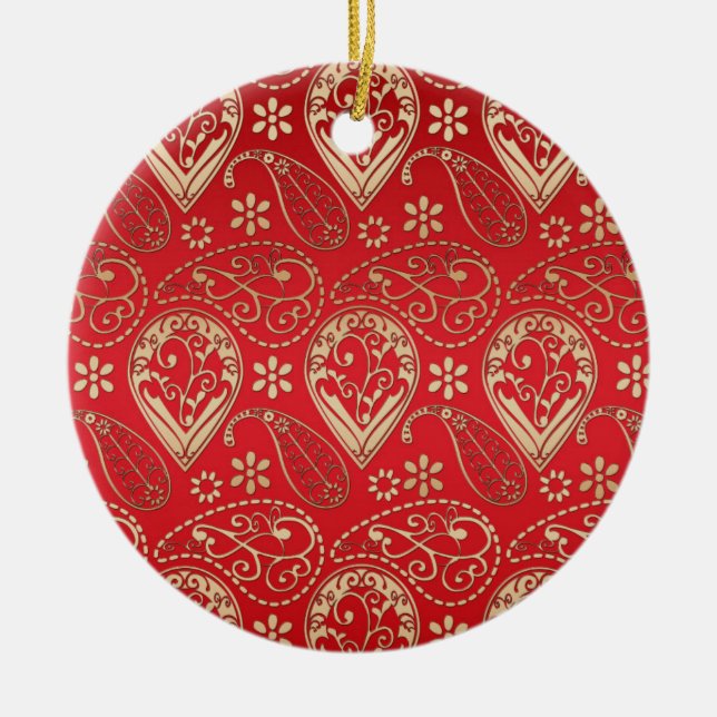Red Gold Paisley Bandanna Pattern Ceramic Ornament (Front)