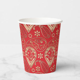 Red Gold Paisley Bandanna Pattern Paper Cups