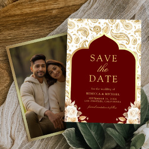 Red Gold Paisley Floral Indian Wedding Photo Save The Date