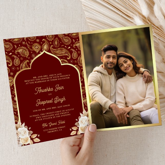Red Gold Paisley Floral QR Code Indian Wedding Invitation (Inside)