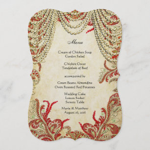 Red Gold Pastel Green Vintage Paisley Wedding Menu