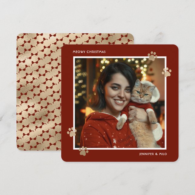 Red Gold Paws Cat Owner Photo Meowy Christmas Holiday Card (Front/Back)