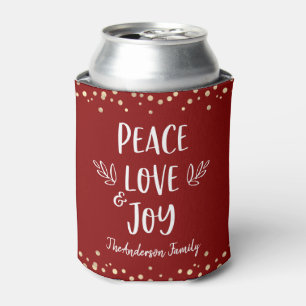 Red Gold Peace Love Joy Modern Typography Confetti Can Cooler