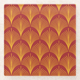 Red Gold Peacock: Art Deco. Glass Coaster