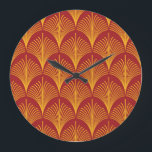 Red Gold Peacock: Art Deco. Large Clock<br><div class="desc">Seamless red and gold vintage art deco peacock fish scale wallpaper pattern Vintage Peacock Glamour Resides in Vintage Art Deco Delight. Vintage art deco peacock scales in rich red and gold. pattern, background, abstract, texture, decor, vintage, illustration, retro, line, seamless, geometric, fabric, ornament, old, modern, beautiful, shape, textile, decoration, decorative...</div>