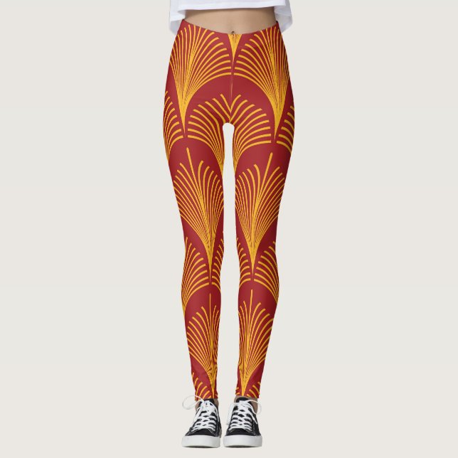 Red Gold Peacock: Art Deco. Leggings (Front)