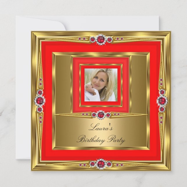 Red Gold Pearl Photo Birthday Party Invitation (Front)