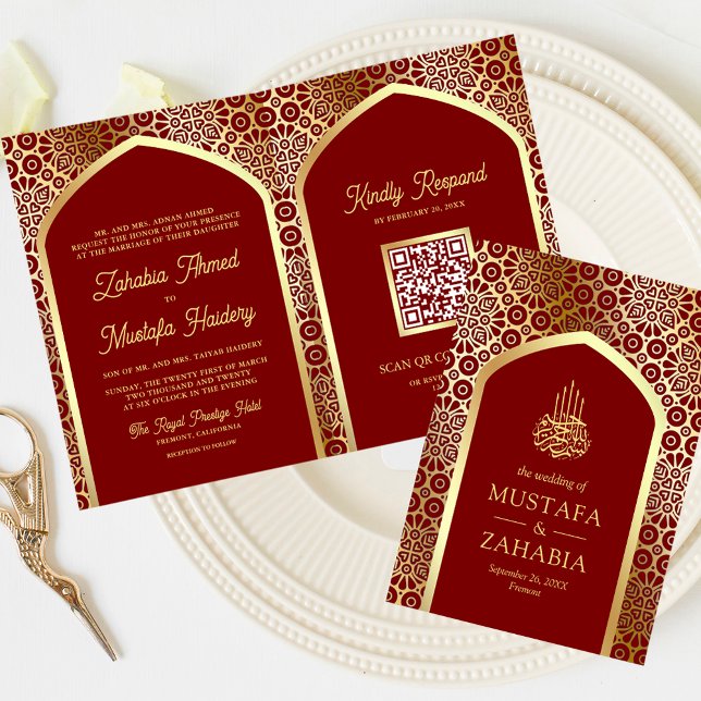 Red Gold Persian Arch QR Code Muslim Wedding Invitation (Creator Uploaded)