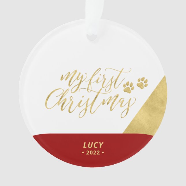 Red & Gold Pet Dog First Christmas Photo Ornament (Front)