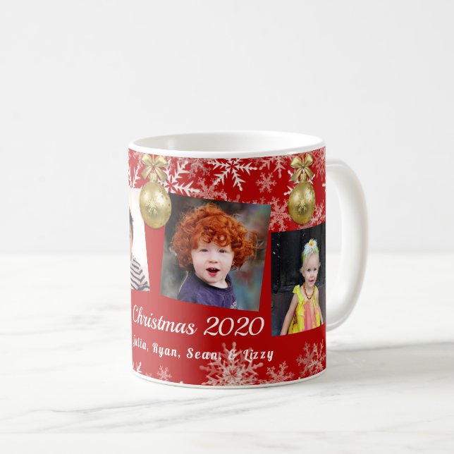 Red Gold Photo Collage Snowflakes Christmas Coffee Mug (Front Right)