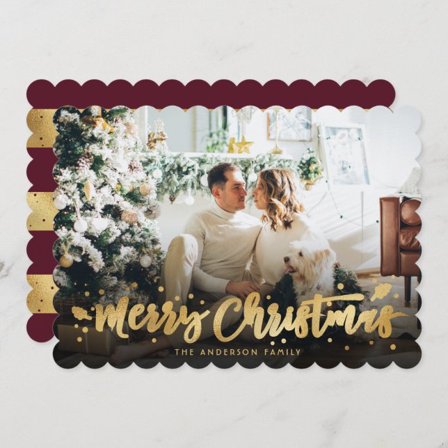 Red Gold Photo Merry Christmas Card (Front/Back)