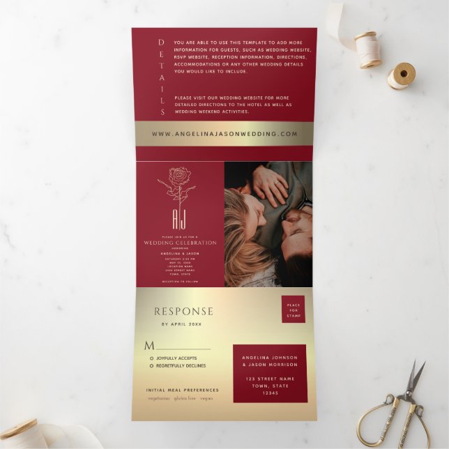 Red & Gold Photo Tri-Fold Wedding Invite (Inside)