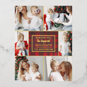 Red Gold Plaid 6 Photos Collage Christmas Foil Holiday Postcard