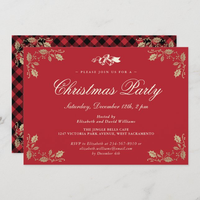 Red Gold Plaid Christmas Holiday Party Invitation (Front/Back)