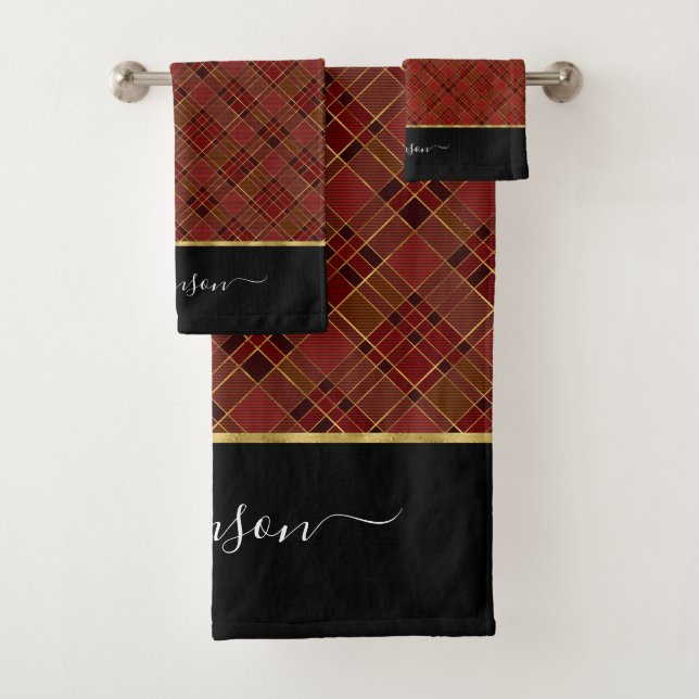 Red Gold Plaid Christmas Tartan Personalised Bath Towel Set (Insitu)