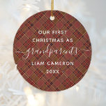 Red Gold Plaid Grandparents 1st Christmas Photo Ceramic Ornament<br><div class="desc">This rustic design features a red and gold diagonal holiday plaid pattern as a background for the words "Our First Christmas as Grandparents" in whimsical white printing and handwriting fonts. Personalise it by adding baby's name and the year. Customise the reverse side with a favourite photo of the new grandchild,...</div>