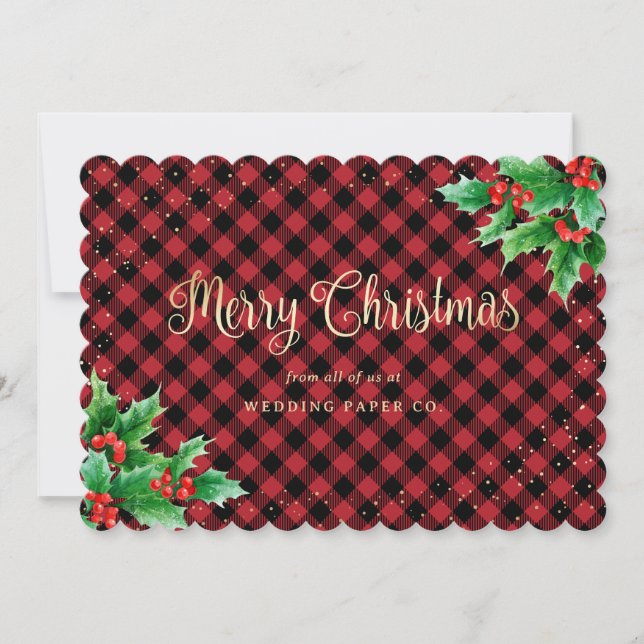 Red Gold Plaid Holly Business Christmas Cards (Front)