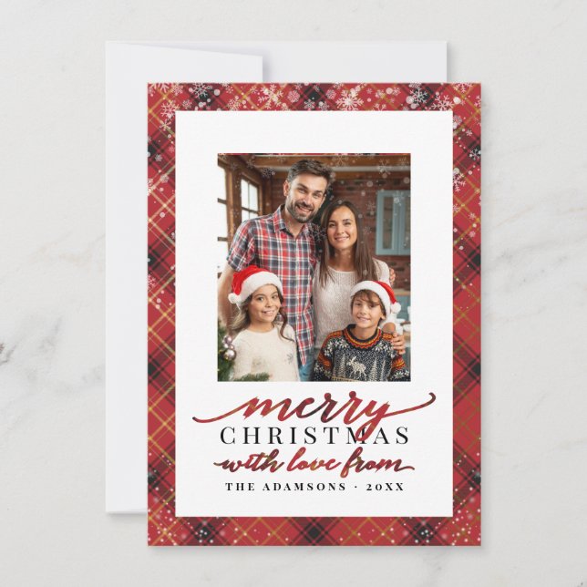 Red & Gold Plaid | Merry Christmas Family Photo Holiday Card (Front)