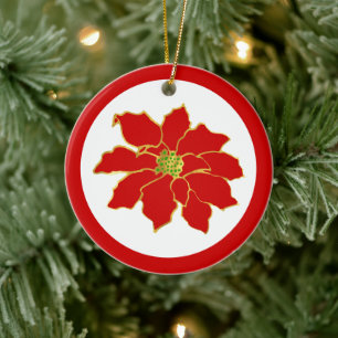 Red Gold Poinsettia Ceramic Ornament