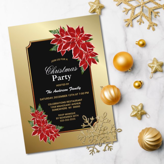 Red Gold Poinsettia Christmas Party Invitation (Creator Uploaded)