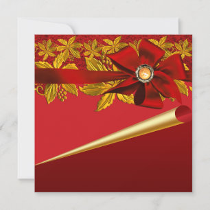 Red Gold Poinsettia Christmas Party Invitations