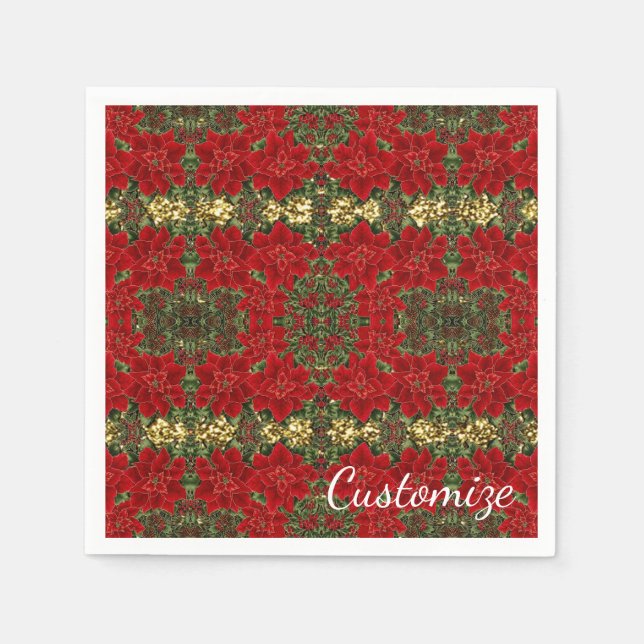 Red & Gold Poinsettia Pattern Holiday Napkins (Front)