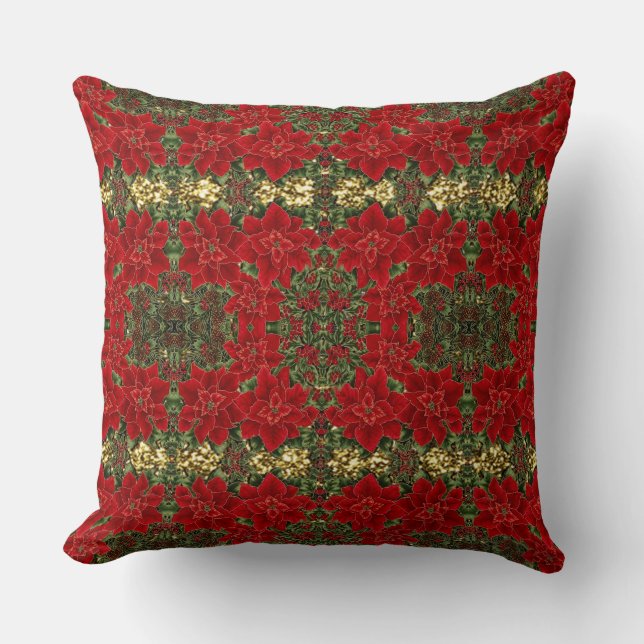 Red & Gold Poinsettia Pattern Throw Pillow (Front)